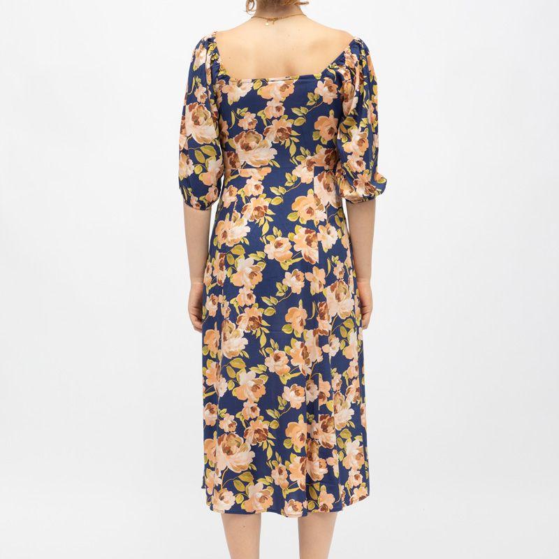 Robe bleue foncé à fleurs retro roxie col carré Femme LA PETITE ETOILE