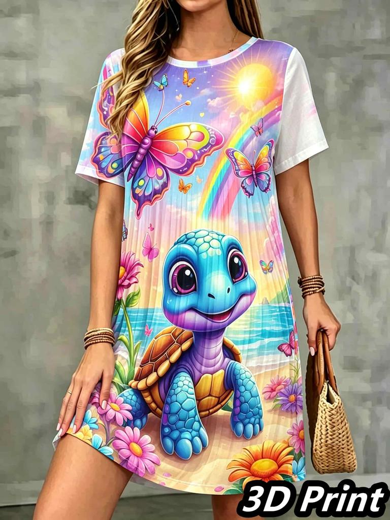 Fashion 3D Print Summer Dress Loose Casual Short Sleeve O-Neck Mini Dress