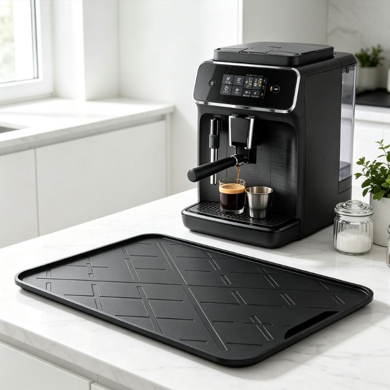 Coffee Bar Drying Pad in Silicone with a Raised Perimeter, Crosshatch Grip Texture, and Grooves for Beverage Station Spills and Routine Care