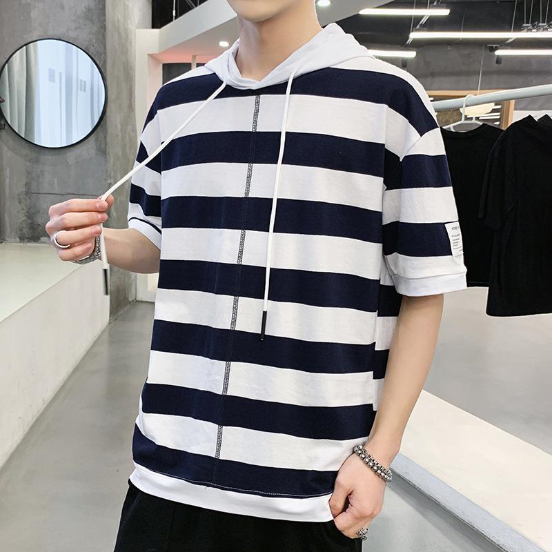 IELGY Halbärmeliges Hemd, gestreift, kurzärmeliges T-Shirt mit Kapuze, lässig, trendig, Kontrastfarbe, lockerer Stoff-Patch für Herren