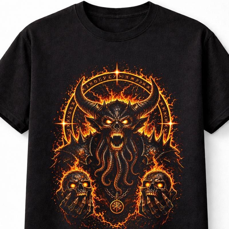 Demon Skull Occult Horror Gothic Fire Sigil Graphic Unisex TShirt