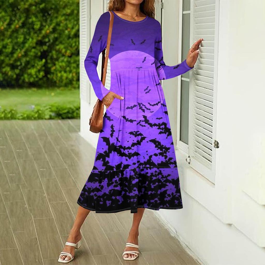 Damen Halloween Bedrucktes Freizeitkleid Frühling Herbst Tasche Rundhals Langarm Kleider