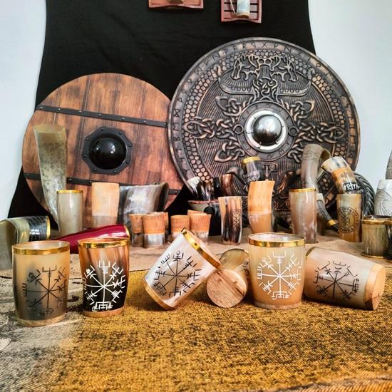 Set of 6 Viking Horn Glasses with Gold Rim Small Beer Whiskey Cups Vegvisir Symbol Drinkware Handmade Gift