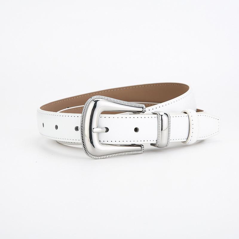 

Vintage Silver Buckle Leather Belt For Women With Twolayer Cowhide And French Elegant Style White