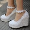 2026 New White Wedges Wedding Pumps Sweet White Flower Lace Pearl Platform Pump Shoes Bride Dress High Heels