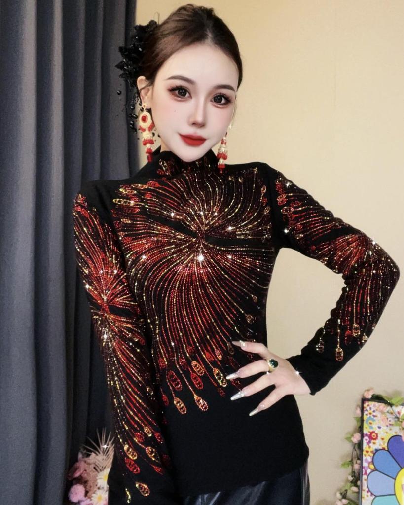 De Rong Women's Rhinestone Long-Sleeve Turtleneck: Stylish, High-End Base Layer for Fall/Winter