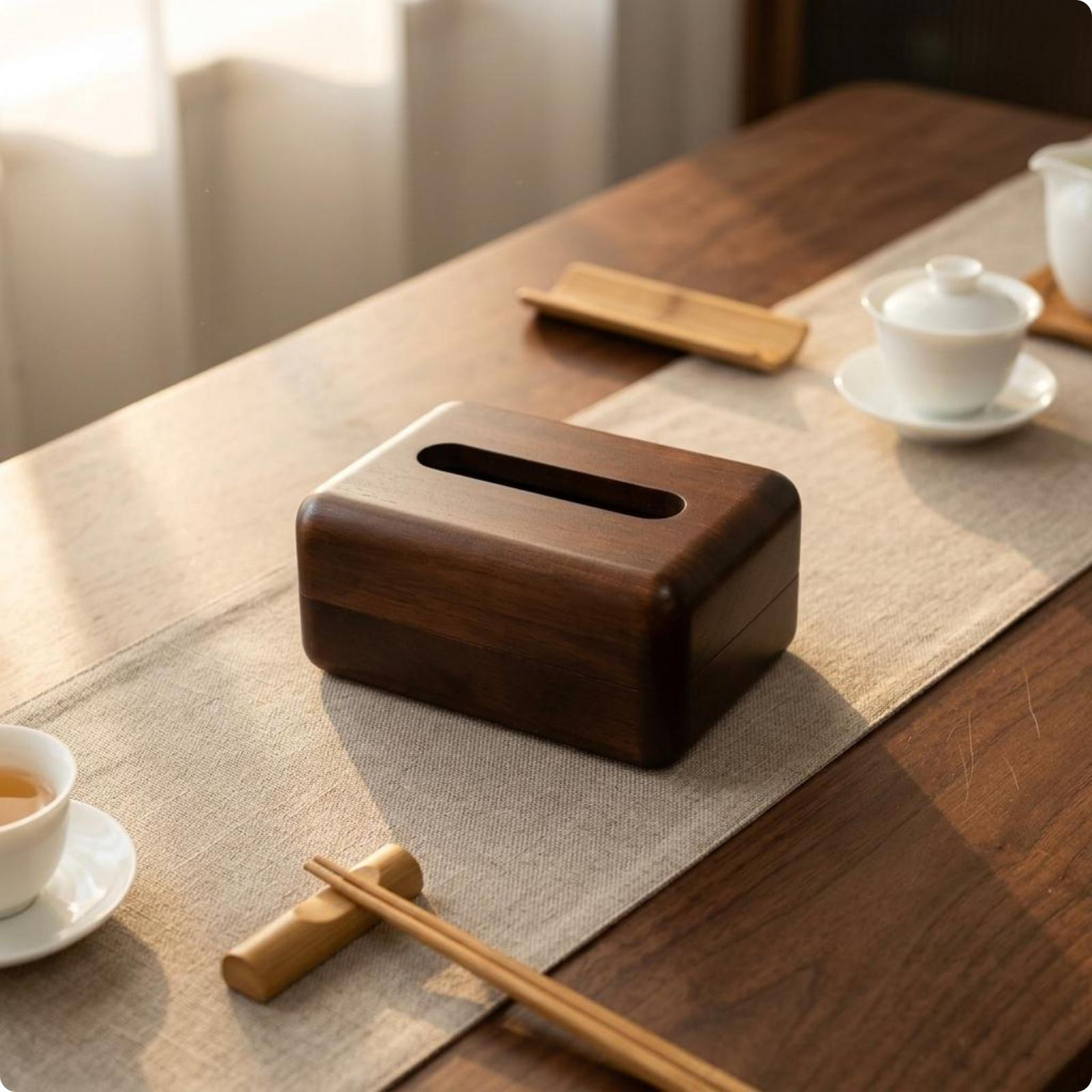 Wooden Tissue Box Cover Top Opening Walnut Tabletop for Dining Table, Living Room,