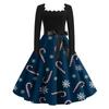 Women's Fashion Retro Long-sleeved Square Collar Christmas Printed Evening Dress