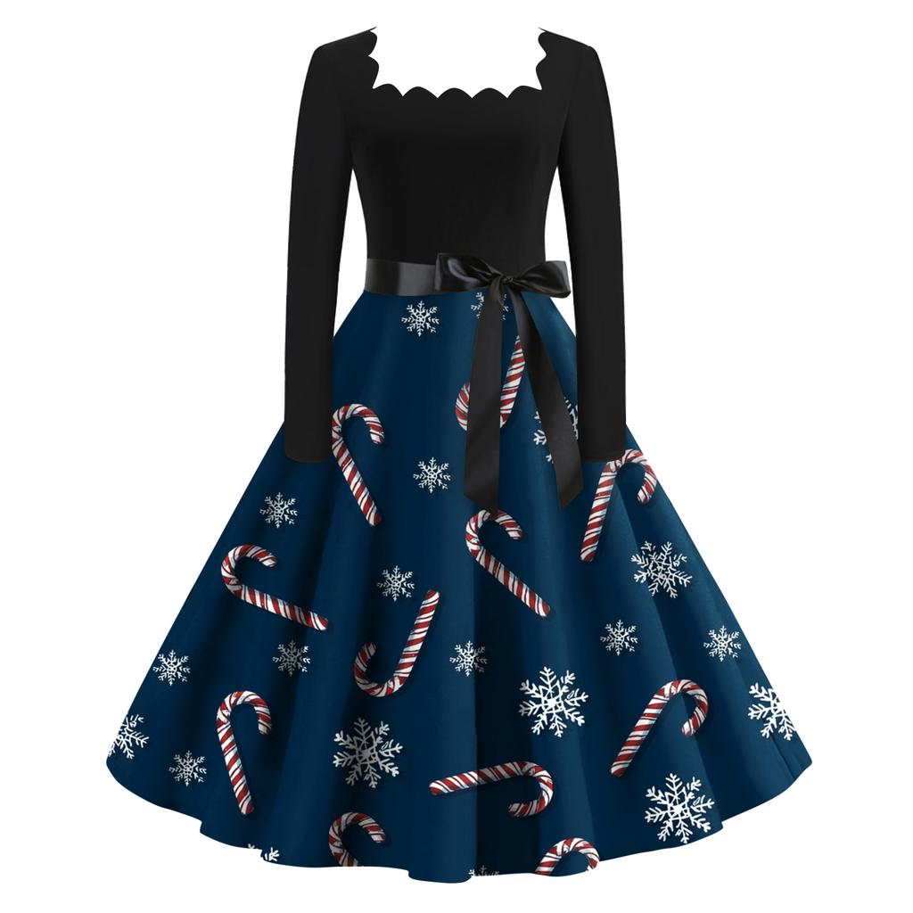 Women's Fashion Retro Long-sleeved Square Collar Christmas Printed Evening Dress