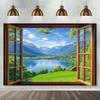 2D Open Wooden Window Frame Alps Snow Mountain Lake Green Meadow Backdrop European Wall Tapestry