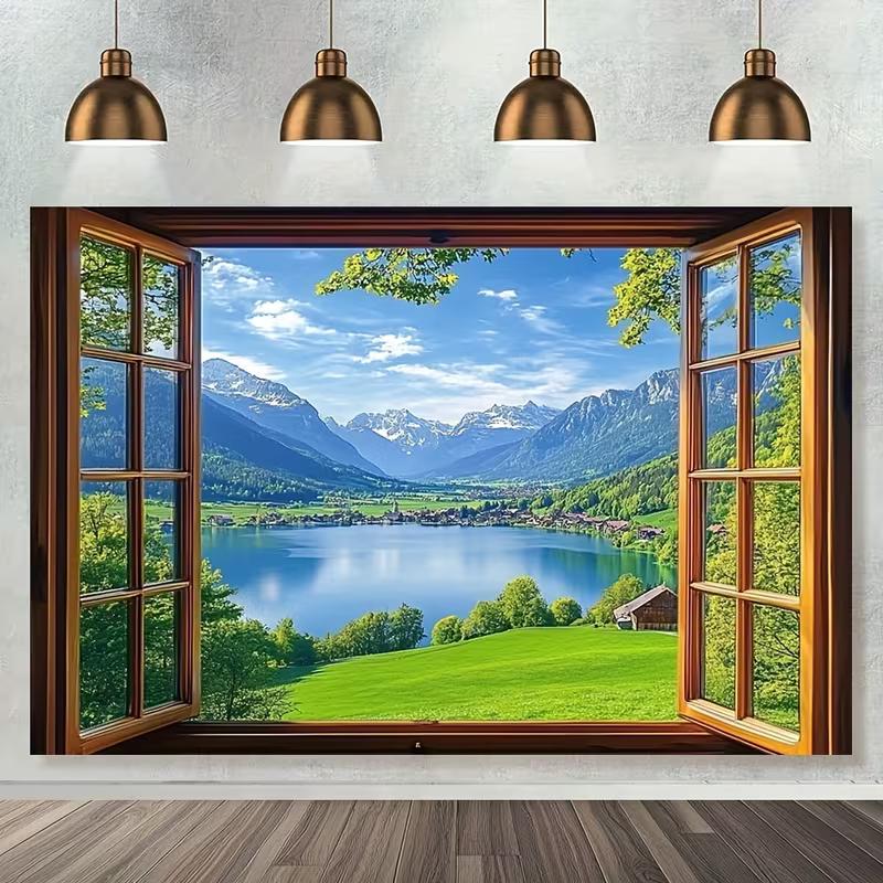 2D Open Wooden Window Frame Alps Snow Mountain Lake Green Meadow Backdrop European Wall Tapestry