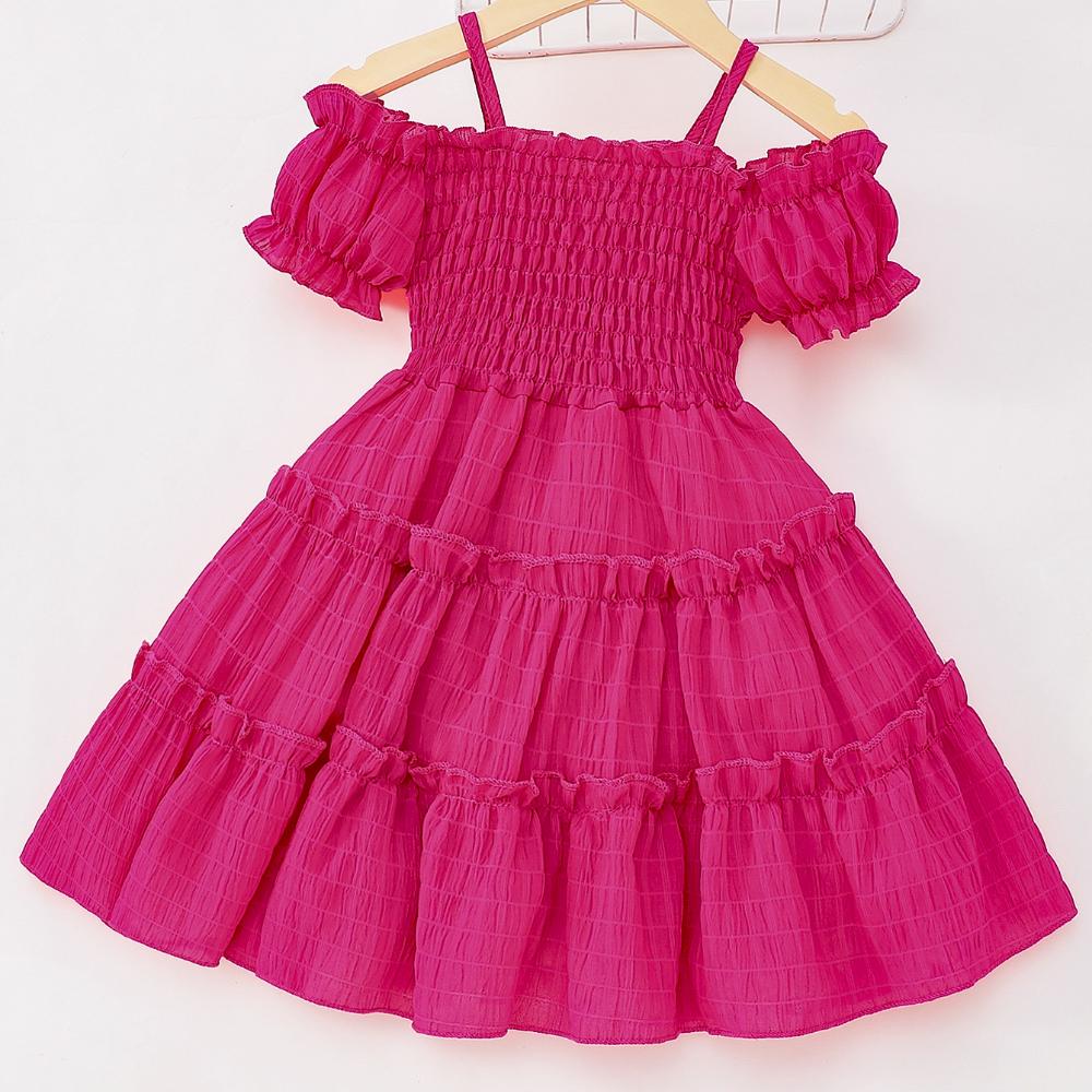 Girls' Dress Summer Off-shoulder Solid Color Children Princess Dress Girl Suspender Dresses for 2-8 Years Old
