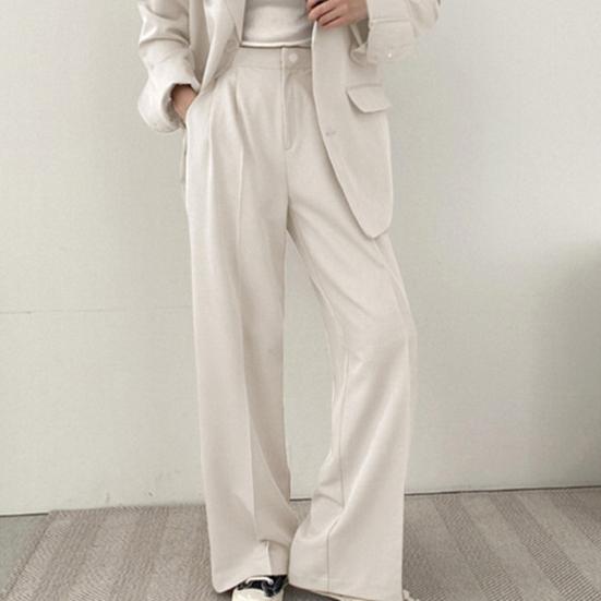 Yousheng Women Coat Pants Turn-down Collar Double Button Closure Cardigan Long Sleeve Jacket High Waist Straight Trousers Lady Formal Commute Outfit