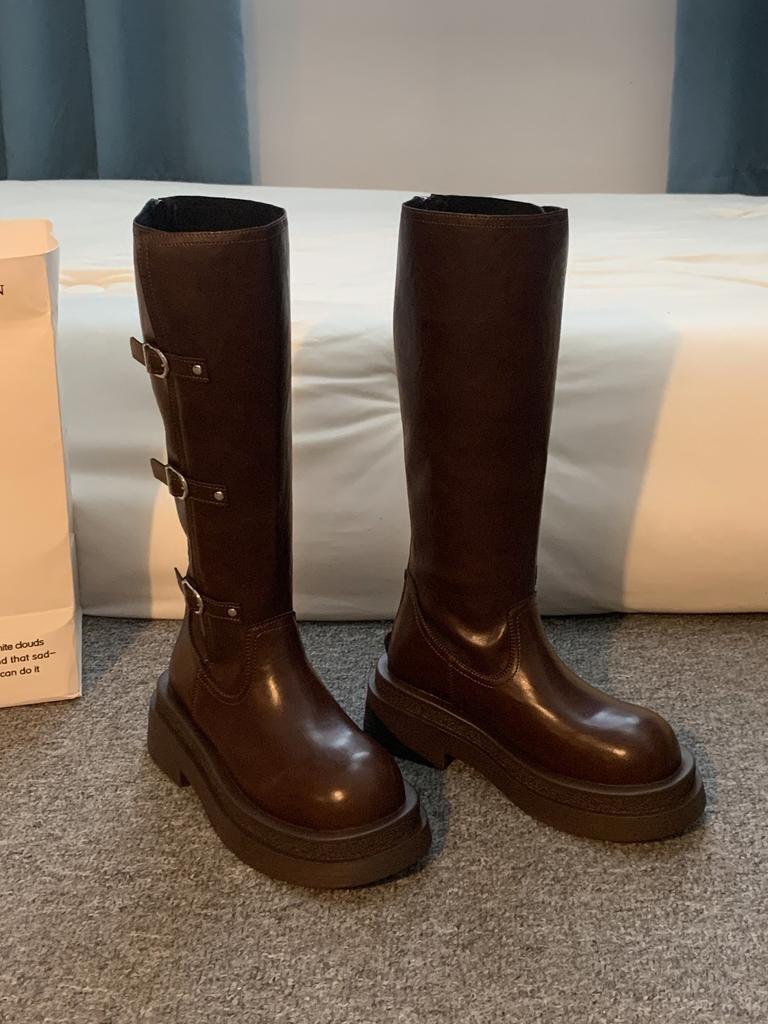 European and American Style Boots Women's Boots 2025 New Autumn Explosion Brown Versatile Foreign Style But Knee Boots Leather Boots