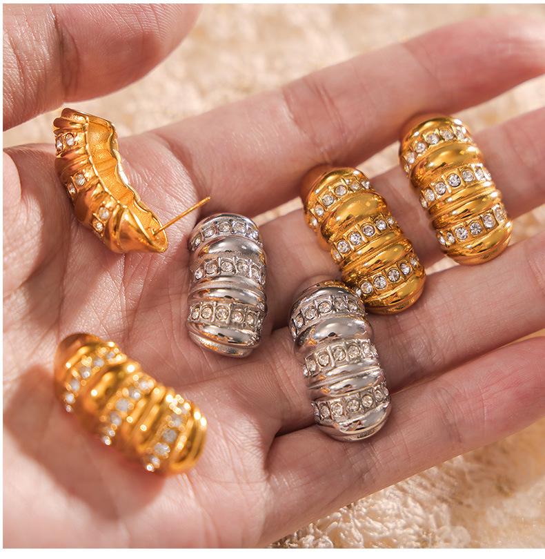 European-American Textured Design Earrings: Creative Diamond-Inlaid 18K Gold Plated Titanium Steel