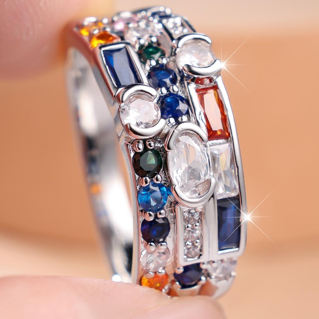 Luxury Female Rainbow Zircon Stone Engagement Square Round Oval Ring Vintage Silver Color Wedding Fashion Jewelry For Women
