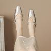 H759-6 silver Mary Jane high heels small fragrant satin word with square head thick heel women's shoes rhinestone spring and summer