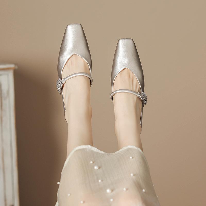 H759-6 silver Mary Jane high heels small fragrant satin word with square head thick heel women's shoes rhinestone spring and summer