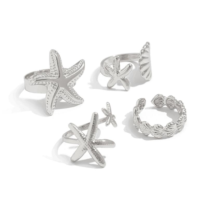 Stainless Steel Irregular Multi-Layer Ring Vintage Silver Color Starfish Open Adjustable Rings for Women Men Personality Jewelry