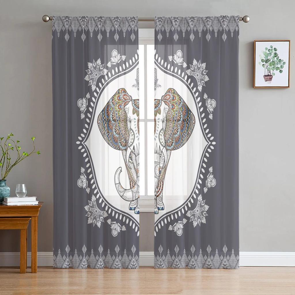 Elephant Hand Drawn Indian Style Sheer Curtains For Bedroom Living Room Tulle Curtains For Kitchen Window Voile Curtains