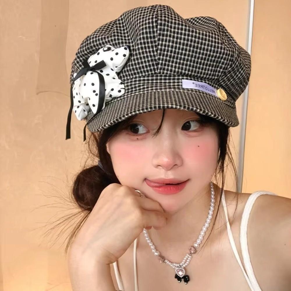Polka Dot Print Beret Hat Plaid Newsboy Hat Cute Octagonal Cap For Girls