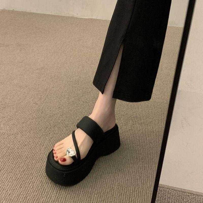 2025 New Elevated Round Toe Thick Heel Solid Color Summer Slipper Fashionable Open Toe Trendy Slip-On Shoe Small Fragrance Style