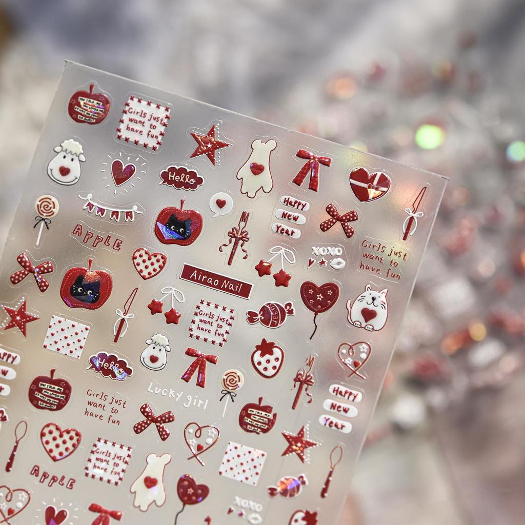 Tomoni Ai Rao Kids' Cute Red Graffiti Embossed Nail Stickers.
