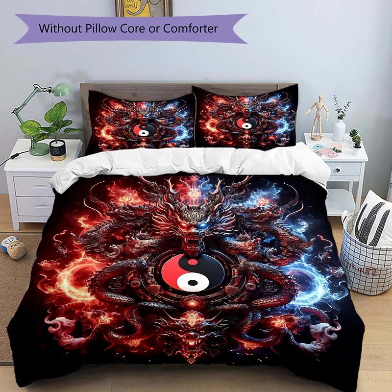 3pcs Fire and Ice Yin Yang Dragons Bedding Set - Includes Quilt Cover and Pillowcases, Suitable for All Seasons,