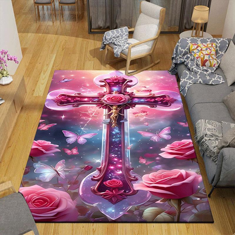 1pc Rose Cross Print Design Area Rug - Soft, Anti-Slip, and Durable Gaming Room Decor for Bedroom