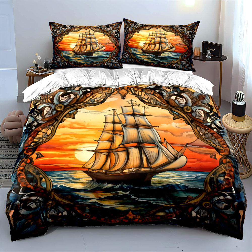 Sailing Ship Sunset Art Decor Kid'S And Adults' Bedroom Decor, Exquisite Three-Piece Bedding Set Gift