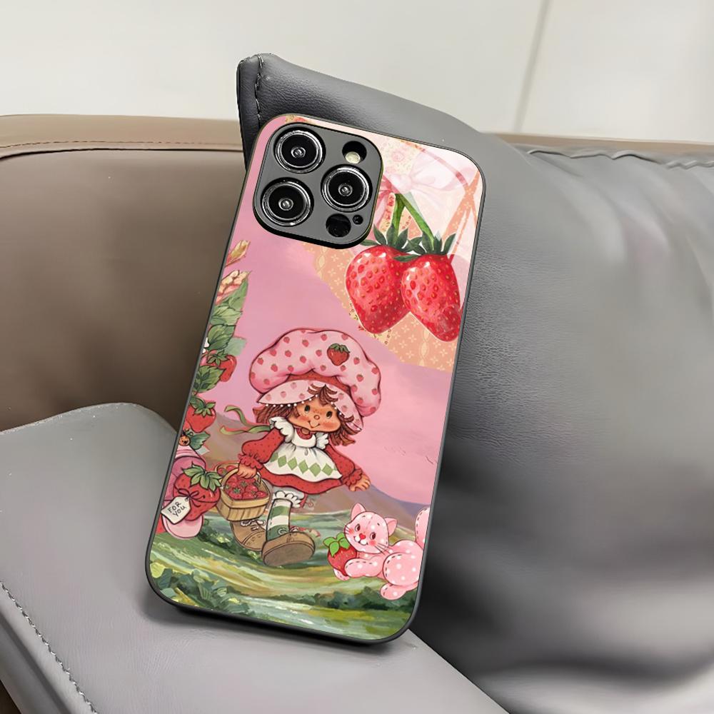 V-Vintage-D-Strawberry Shortcake Phone Case for Iphone 17 Air 16 15 14 12 11 13 Pro Max Mini X Xr Xs Puls Black Glass Cover