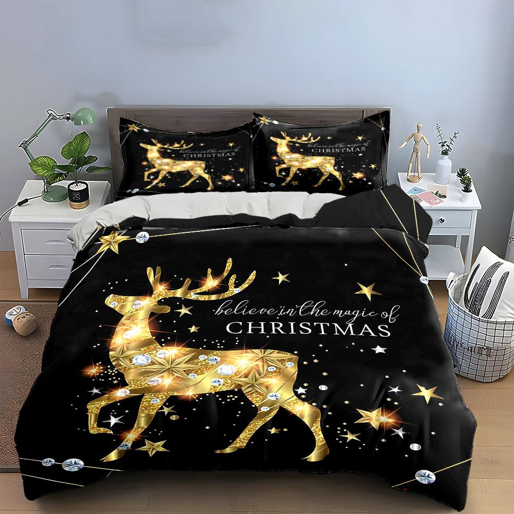 Golden Reindeer Christmas Decor Bedding Duvet Cover Set Duvet Cover Pillowcases (1*Duvet Cover 2*Pillowcases, without duvet insert)