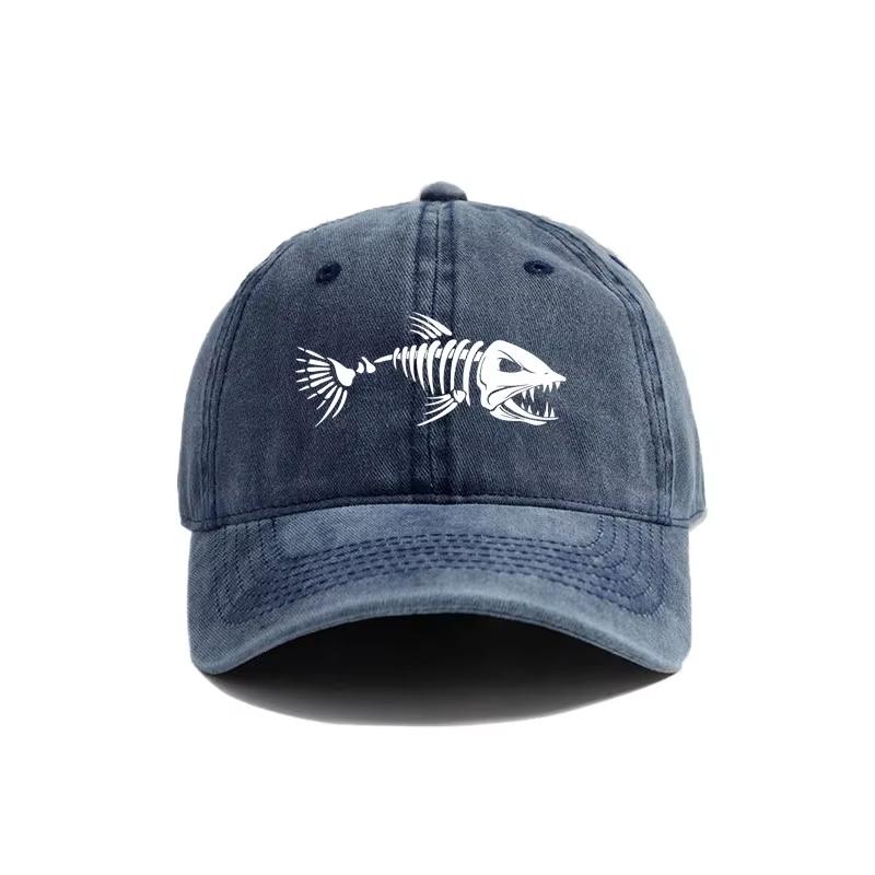 New White Fishbone Printed Baseball Cap, Vintage Style, Fashionable And Versatile For Both Men And Women