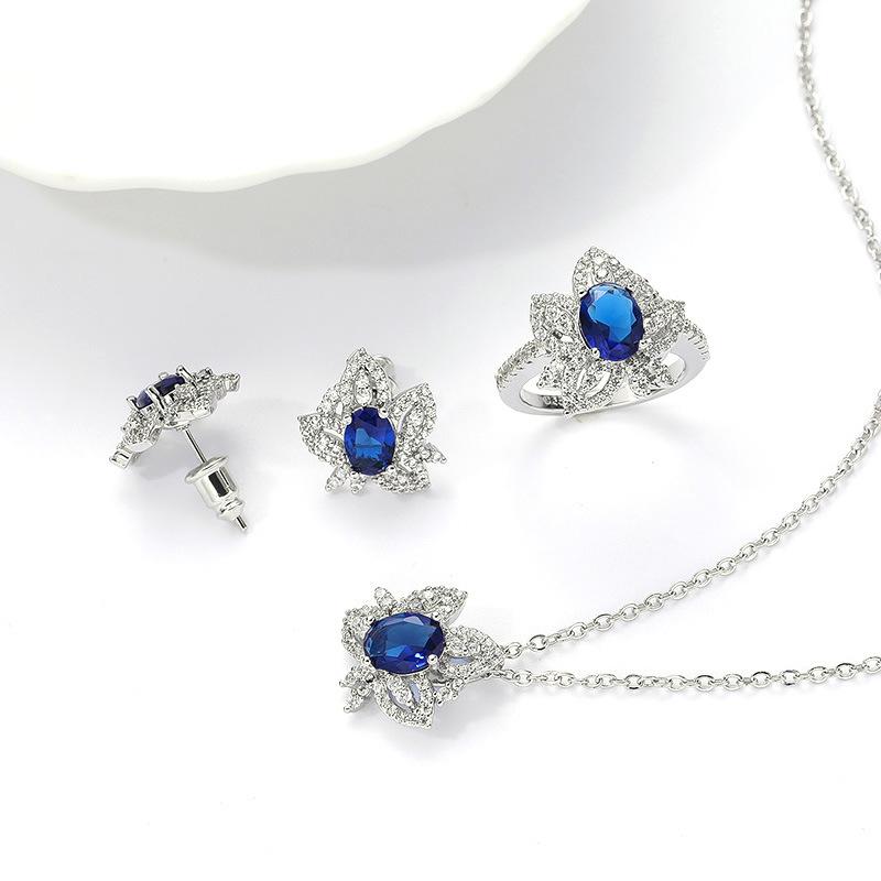 European and American Style Sapphire Zircon Three-piece Necklace Earrings Ring Set Fashion High-end Wedding Jewelry 2026 6