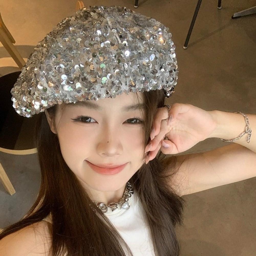 Retro Fashion Painter Hat Sparkling Lady Octagonal Cap Leisure Glitter Sequin Beret Party