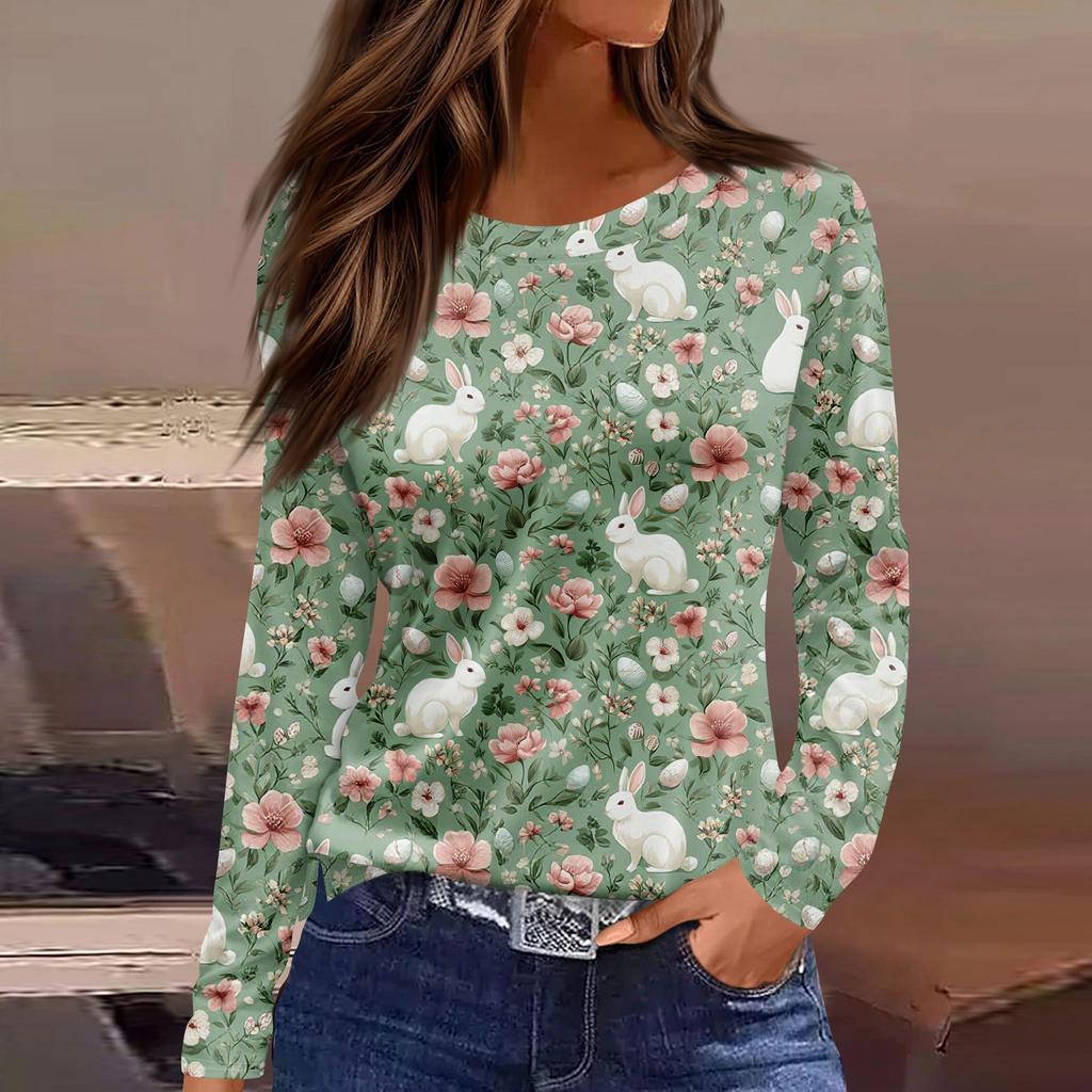 Women's Fashion Casual Slit Hem Round Neck Long Sleeve Loose Printed T-Shirt Ladies Top