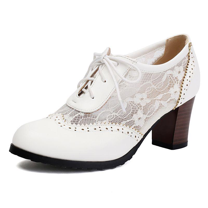 

New Design Women Pumps Round Toe Block Heels 6cm Lace Up Breathable Mesh Plus Size 42 43 44 Daily Female Summer Shoes 39 белый