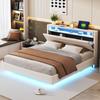 Cama Estofada 160x200 cm com Tomada USB e Luz LED, Cabeceira Reversível, Base Escondida, Cama de Casal Plana, Tecido de Linho Bege