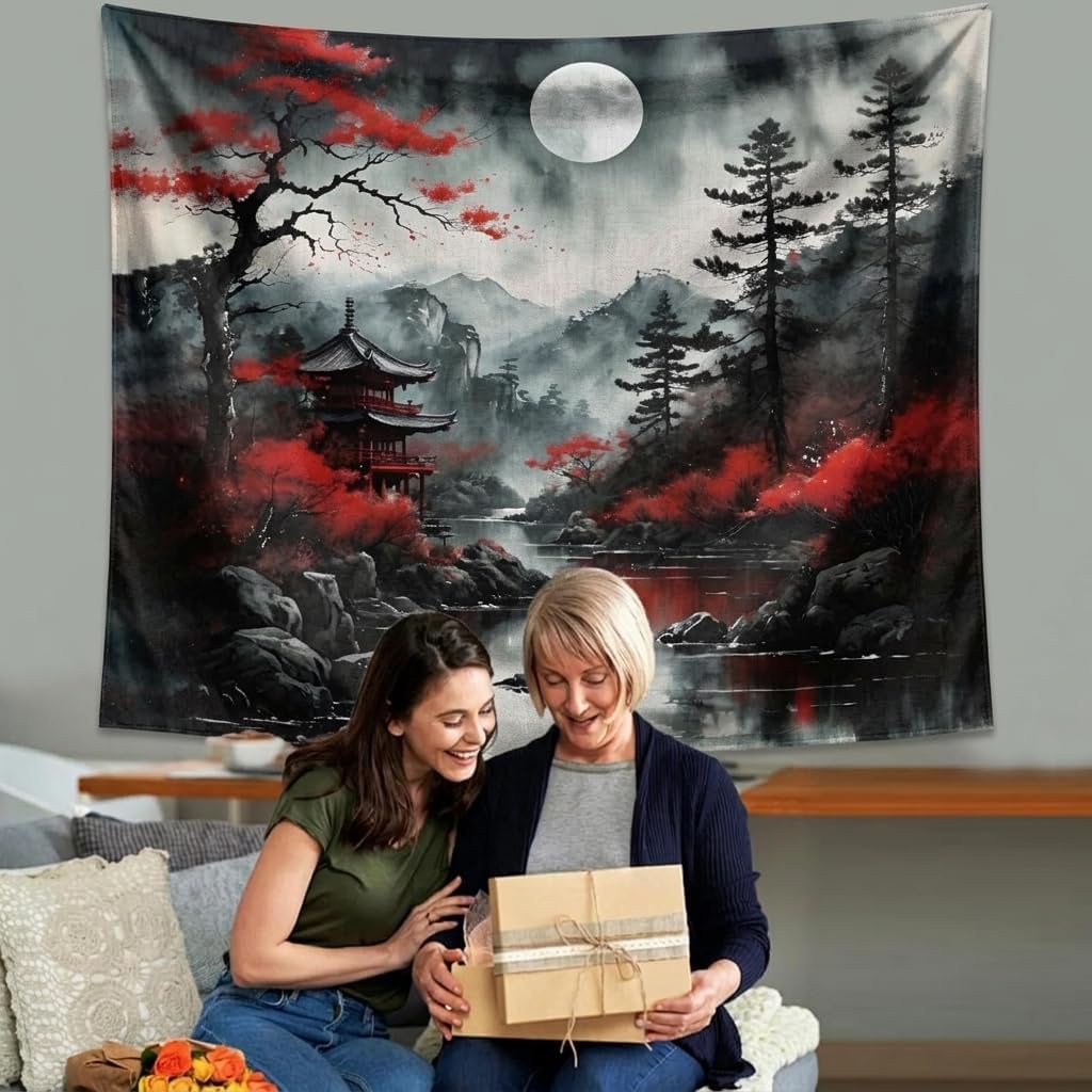 Large Chinese Tapestry Wall Hanging Oriental Sakura Blossoms Pagoda Lunar Landscape Mural Decor for Living Room Bedroom Home Dec