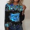Oberteile für Frühling&Herbst Wal-Blumendruck Rundhals Langarm-T-Shirt Herbst Casual Slim Pullover Damen Langarm-Oberteil