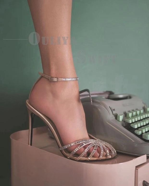 

2025 Summer New Round-Toed Sandals Rhinestone Bling Bling Hollow Stiletto High Heels Sandals Women s Ankle Strap Banquet Shoes 43
