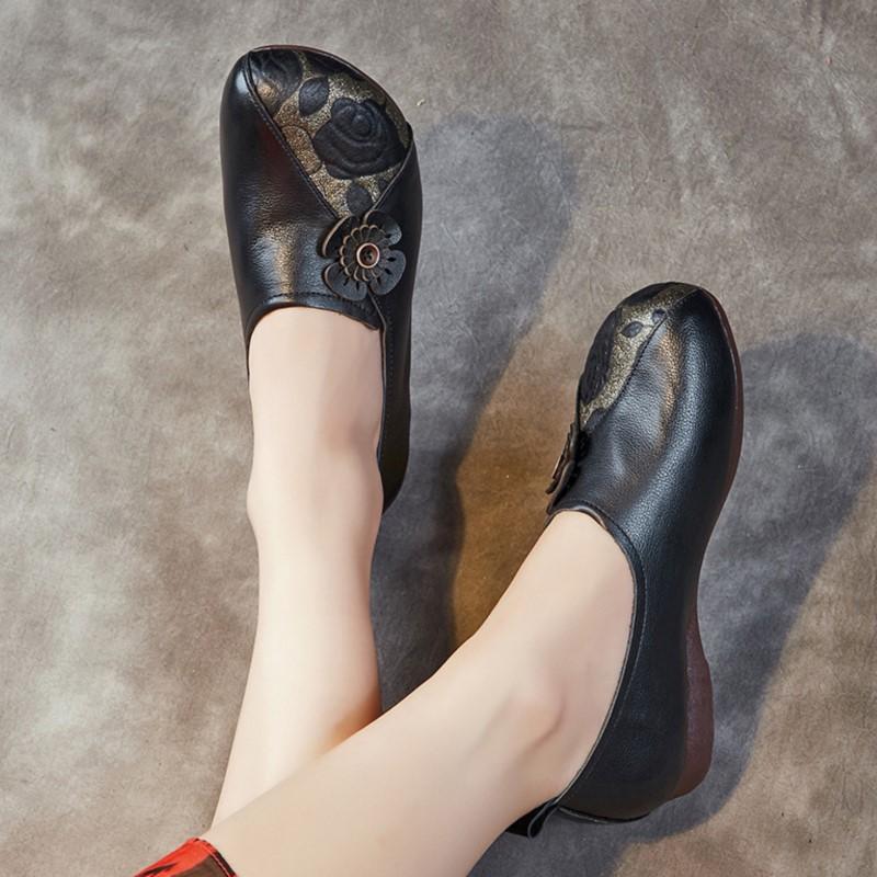 Johnature Damen-Schlupfschuhe aus echtem Leder im ethnischen Stil mit Retro-Druck, handgefertigte flache Schuhe mit weicher Sohle