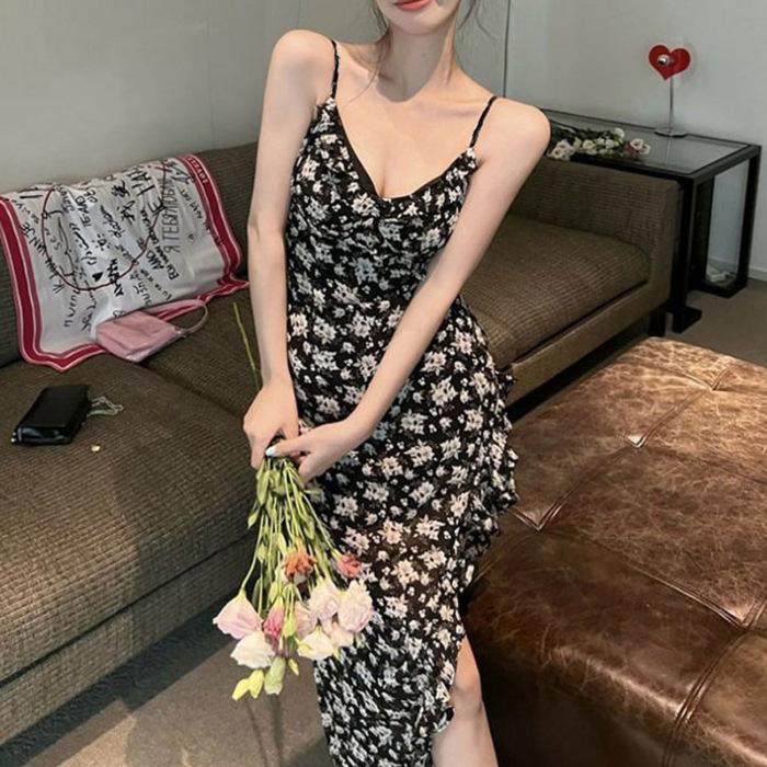 Pure Desire Sweet Spice Girl Style Design Sexy Niche French Split Irregular Floral Suspender Dress Female Summer Girl