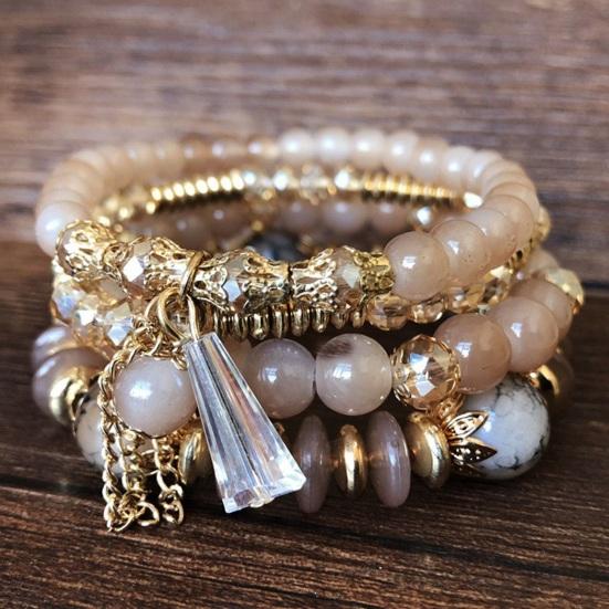 4Pcs Women Bracelets Faux Crystal Smooth Multi Pendant Jewelry Retro Bohemian Style with Elastic Cord Multi-layered Stackable Bracelet Set