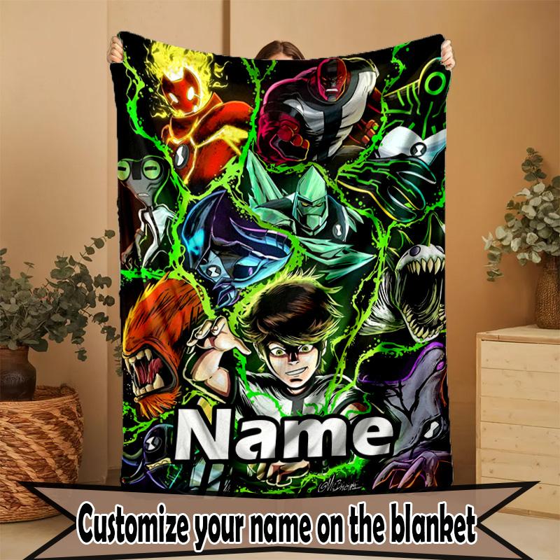 Custom Name Personalized Ben 10 Cartoon Print Blanket, Home Decor, Bedroom, Sofa, Camping, Couch, Gifts for Birthday ChristmasEnthusiasts
