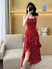 Available: New Summer Red Floral Print Spaghetti Strap Dress with Irregular Slit, French Style.