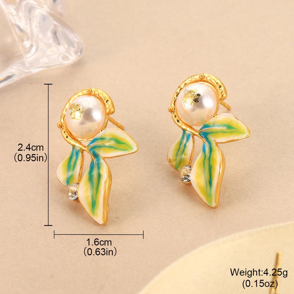 Flower Pearl Stud Earrings Enamel Oil Dripping Flower Mini Love Mori Design Sense Light Luxury Earrings Women