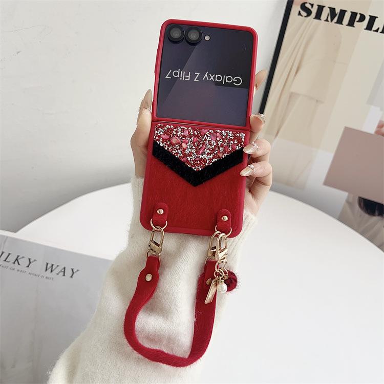 Applicable To Samsung ZFlip7 Splicing Rhinestone Mink Hair Mobile Phone Case ZFlip6 Portable Lanyard Folding Screen Protective Case