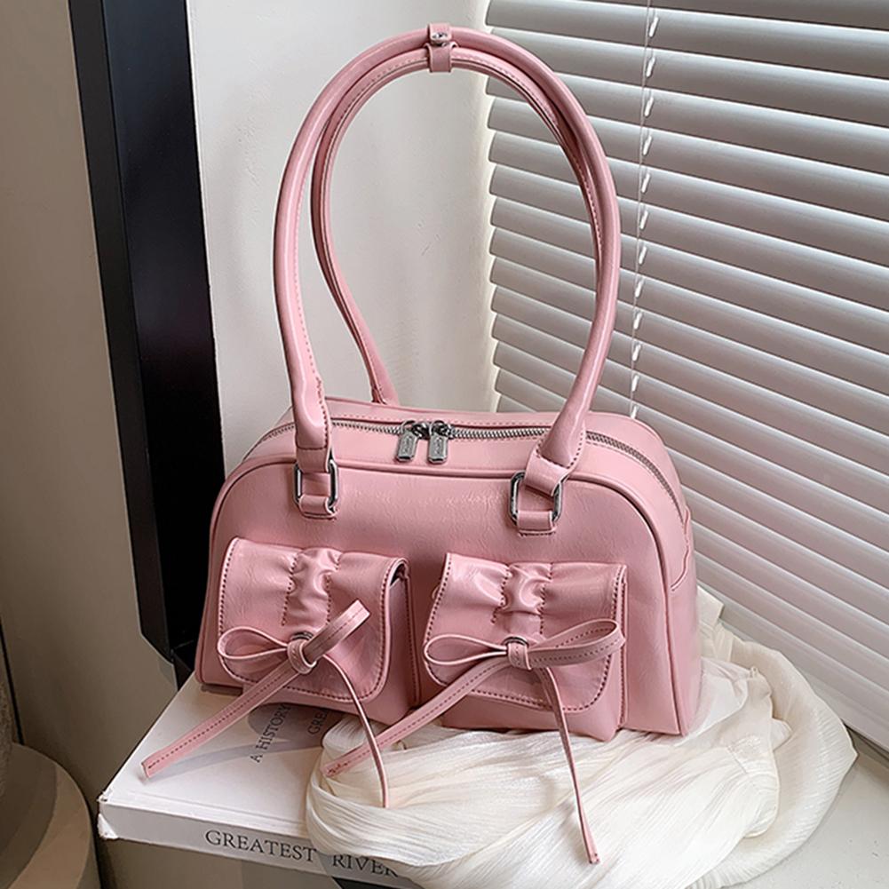 

Женская модная сумка через плечо с двойными карманами из искусственной кожи, стильная сумка под мышкой с бантом, простая сумка для покупок, однотонная шикарная сумка-хобо