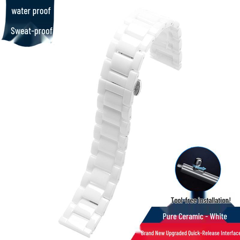 Keramik-Uhrenarmband mit Schnellverschluss, Weiß/Schwarz, Kompatibel mit mehreren Marken, Größen 14-22 mm 18mm (No tools) white